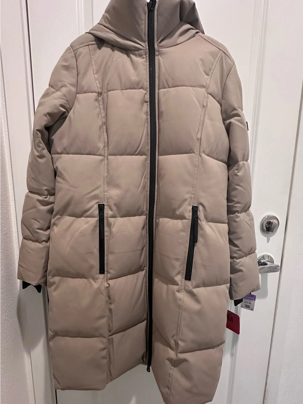 Calvin Klein Long Hooded Puffer Coat in Light Taupe